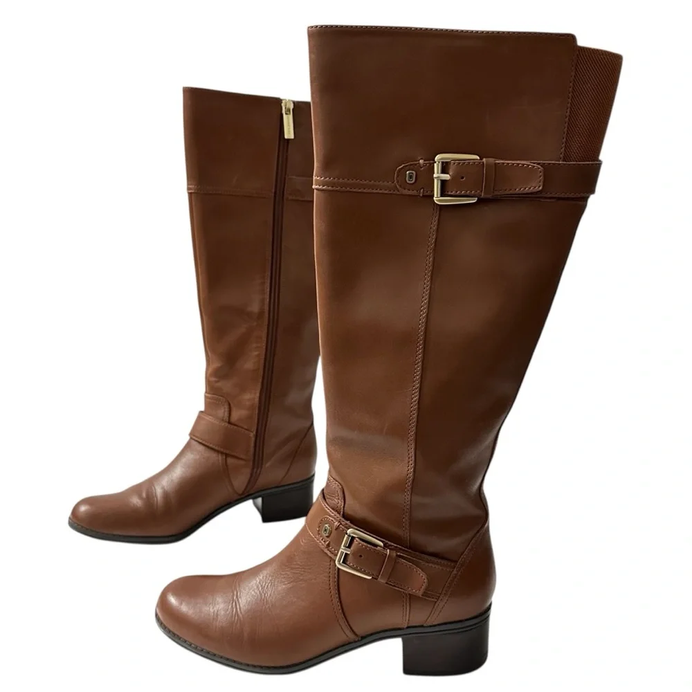 Bandolino Brown Leather Block Heel Knee-High Boots Buckle Equestrian Classic 6.5